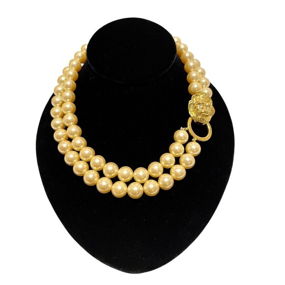 Vintage KJL for Avon Double Strand Faux Pearl Necklace – Lion Head Clasp – Kenne - Picture 1 of 4